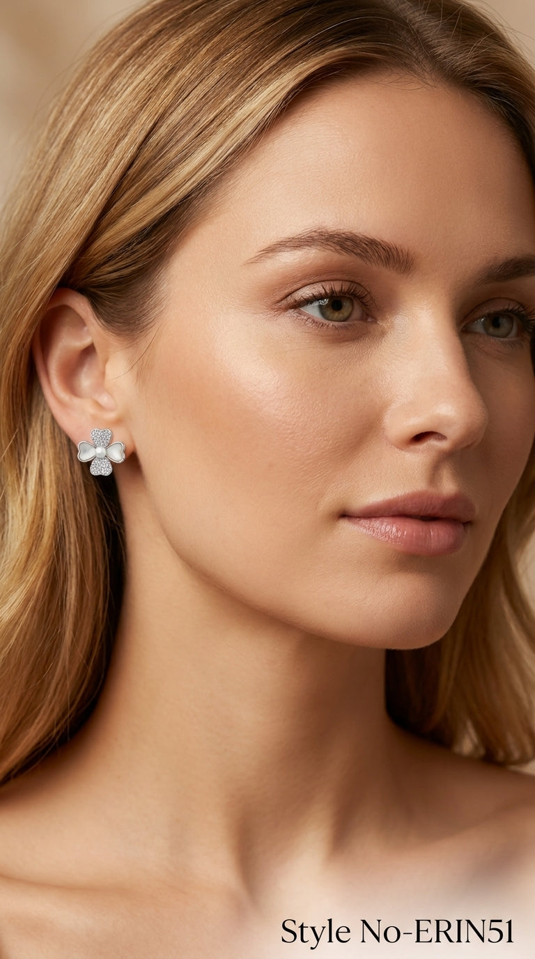 Silver Four Leaf Clover Stud Earrings Mother Of Pearl Crystal