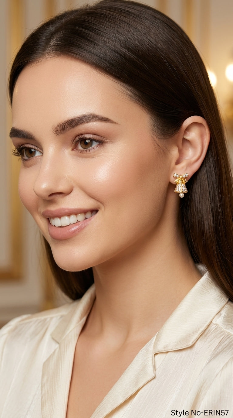 Dainty Bowknot Jingle Bell Post Earrings With Pearl Clapper