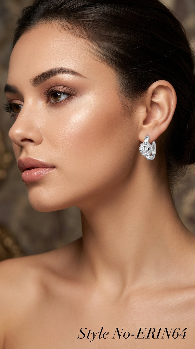 Silver Round Halo Crystal Huggie Hoop Earrings Sparkling Jewelry