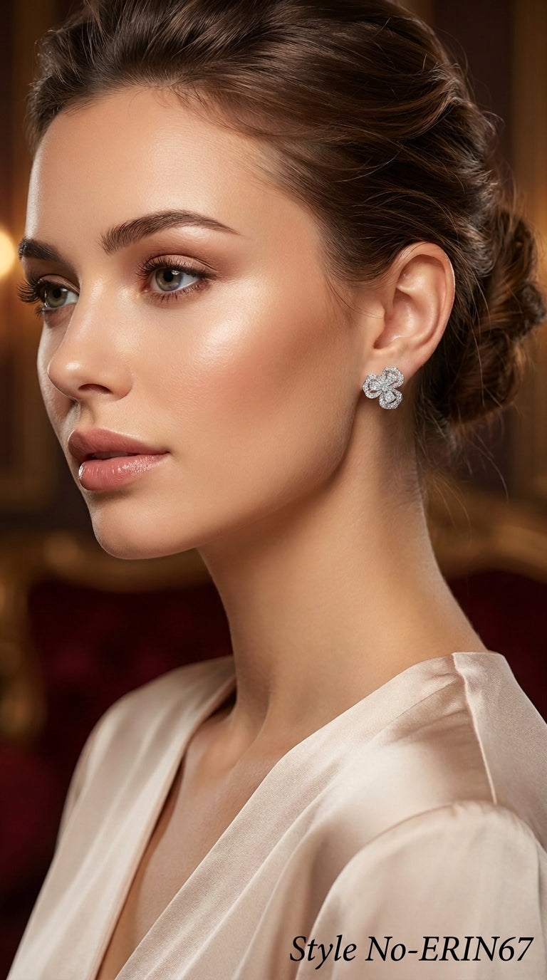 Silver Three Petal Flower Stud Earrings Sparkling Crystal Blossom Jewelry