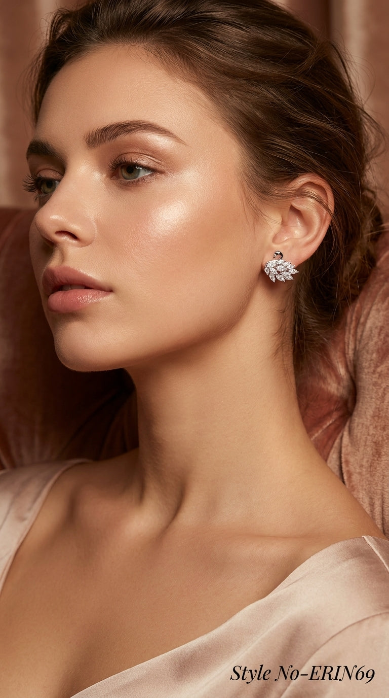 Silver Crystal Swan Stud Earrings Sparkling Marquise Cluster Jewelry