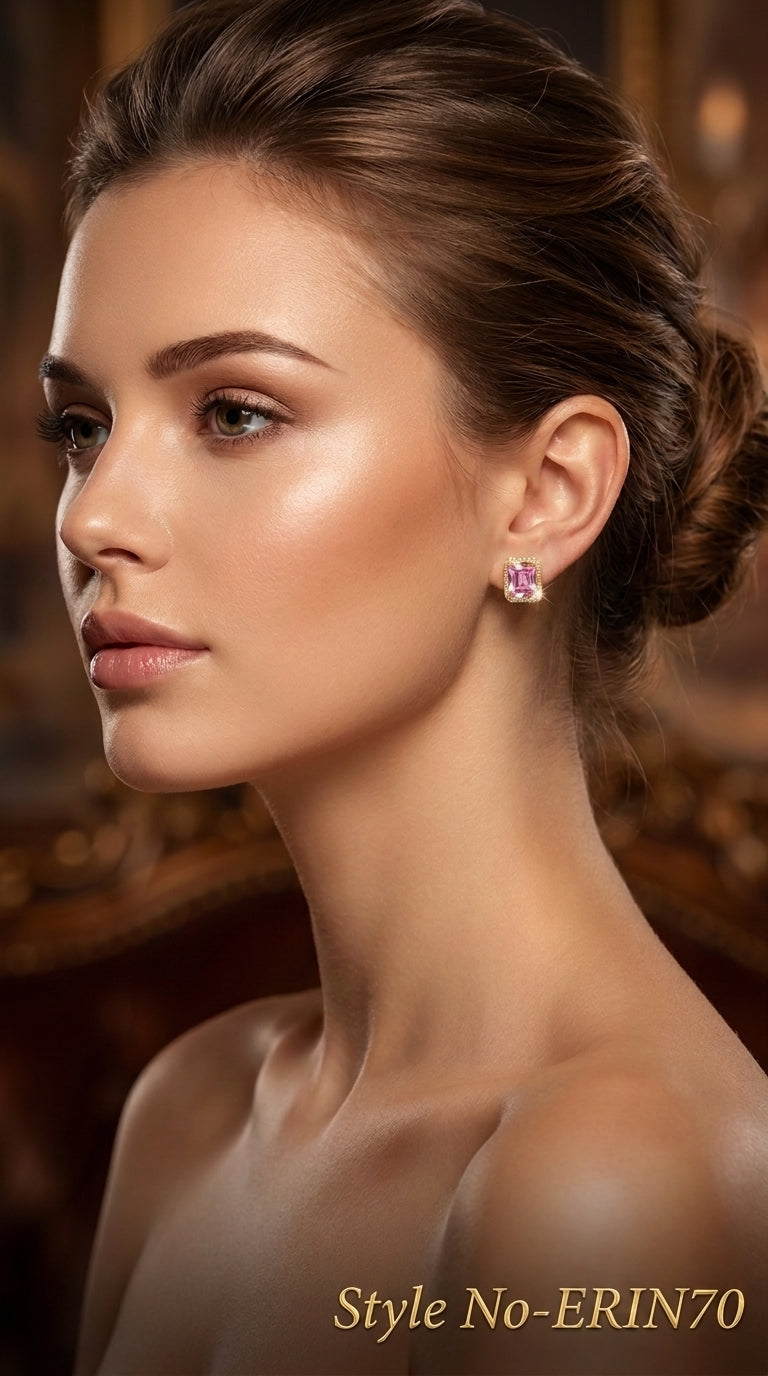 Gold Pink Emerald Cut Crystal Stud Earrings Sparkling Halo Jewelry