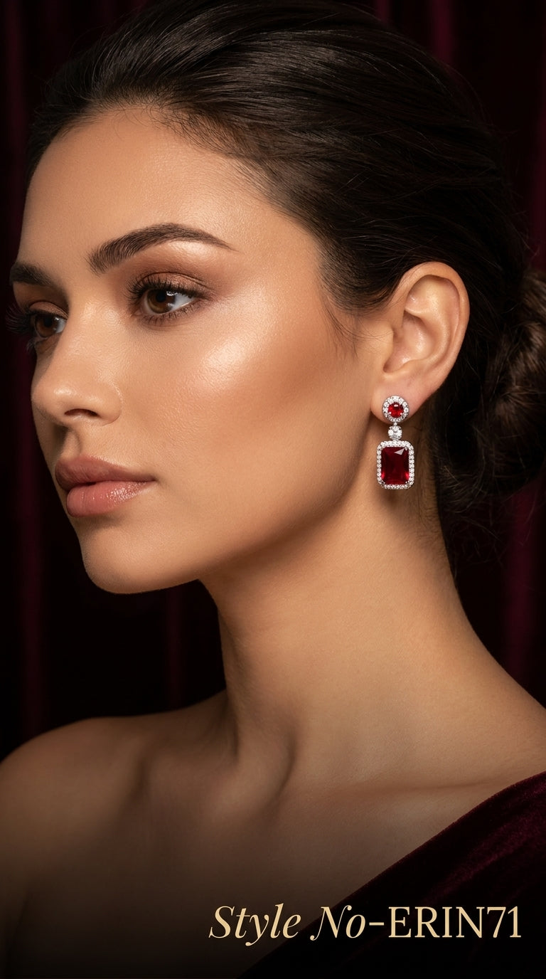 Silver Red Ruby Emerald Cut Drop Earrings Sparkling Halo Jewelry
