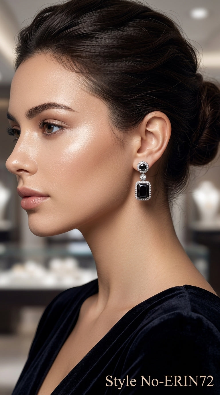 Silver Black Onyx Emerald Cut Drop Earrings Sparkling Halo Jewelry