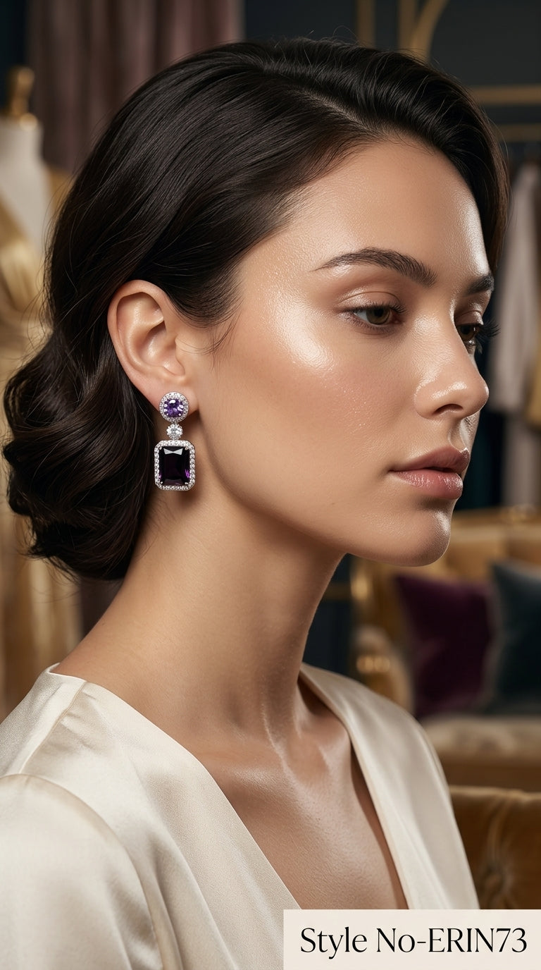 Silver Purple Amethyst Emerald Cut Drop Earrings Sparkling Halo Jewelry