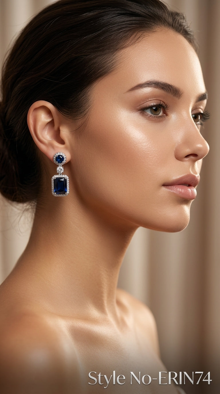 Silver Blue Sapphire Emerald Cut Drop Earrings Sparkling Halo Jewelry