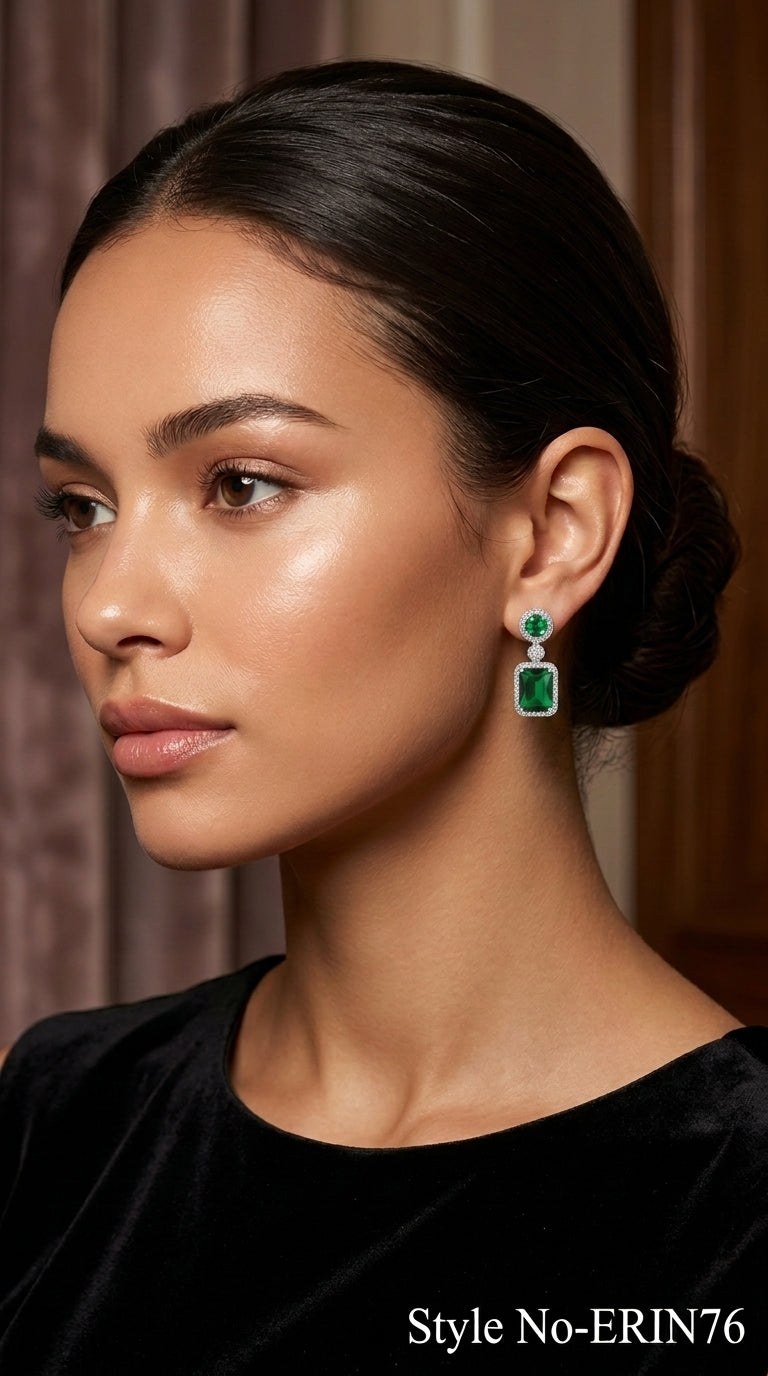Silver Green Emerald Cut Drop Earrings Sparkling Crystal Halo Jewelry