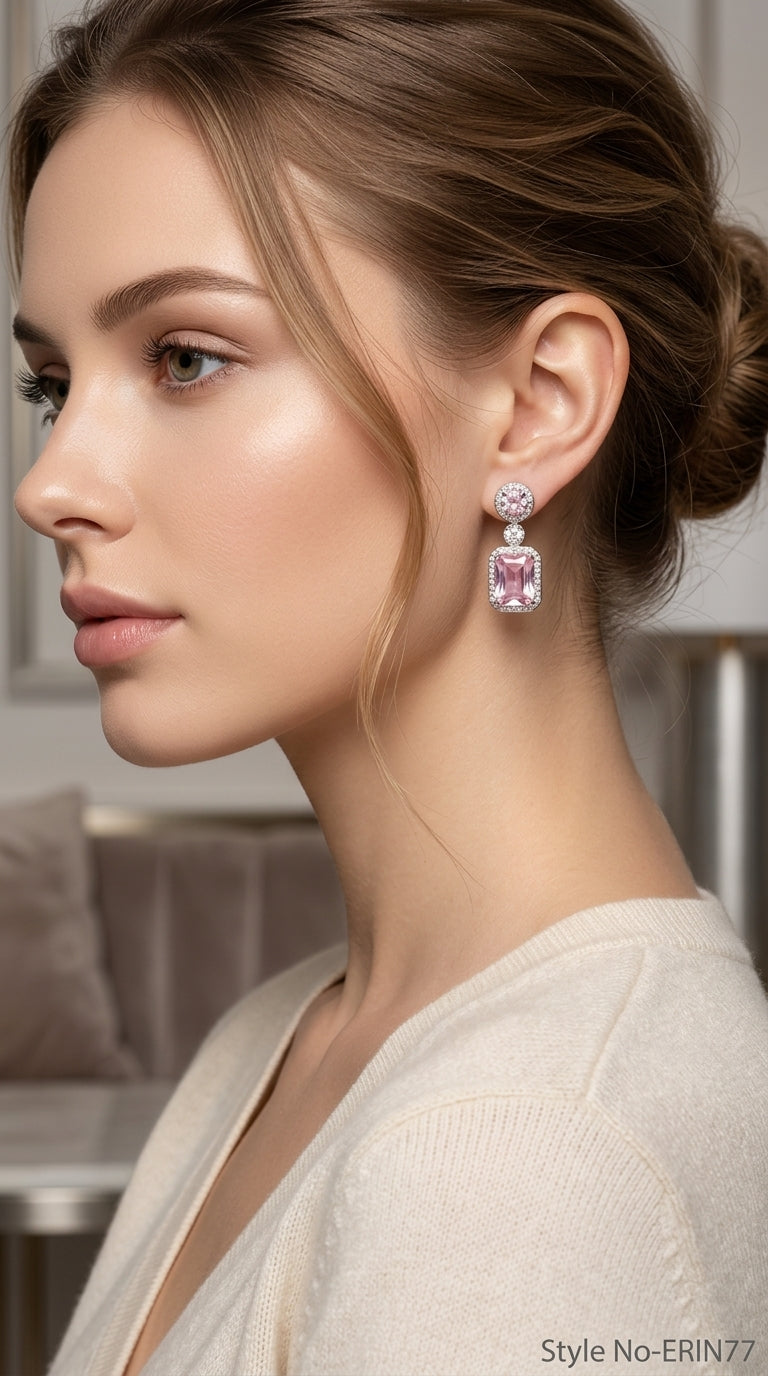 Silver Pink Morganite Emerald Cut Drop Earrings Sparkling Halo Jewelry
