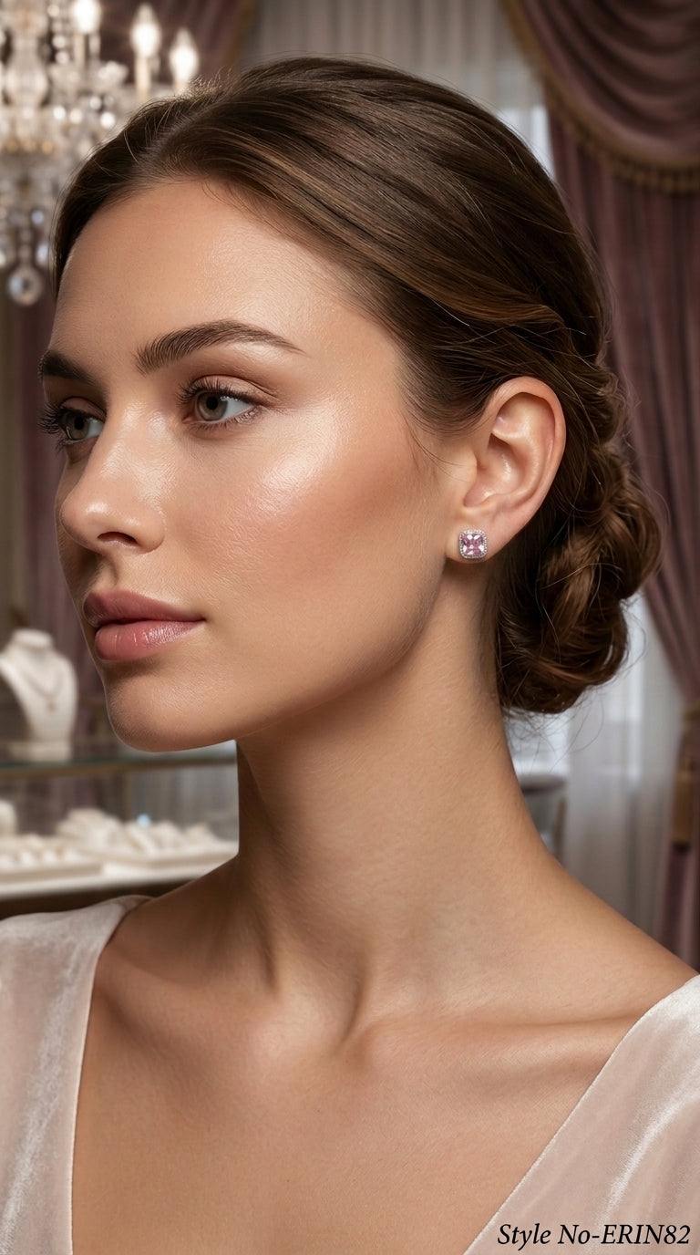 Silver Pink Morganite Cushion Emerald Cut Stud Earrings Halo Jewelry