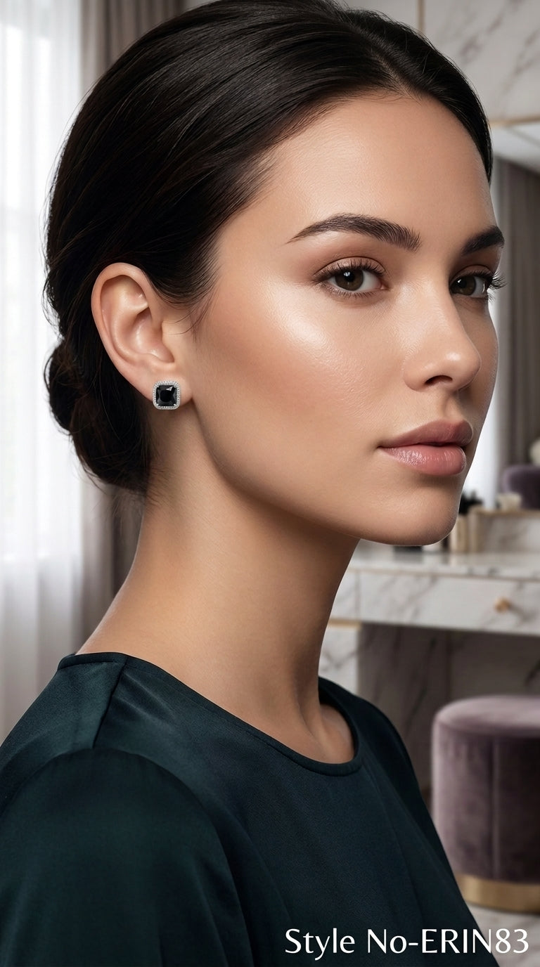 Silver Black Onyx Emerald Cut Stud Earrings Sparkling Halo Jewelry
