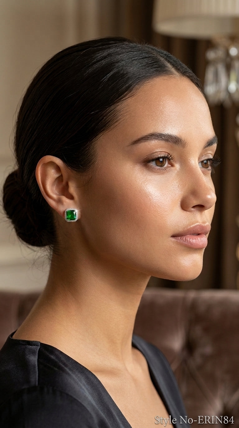 Silver Green Emerald Cut Stud Earrings Sparkling Halo Jewelry