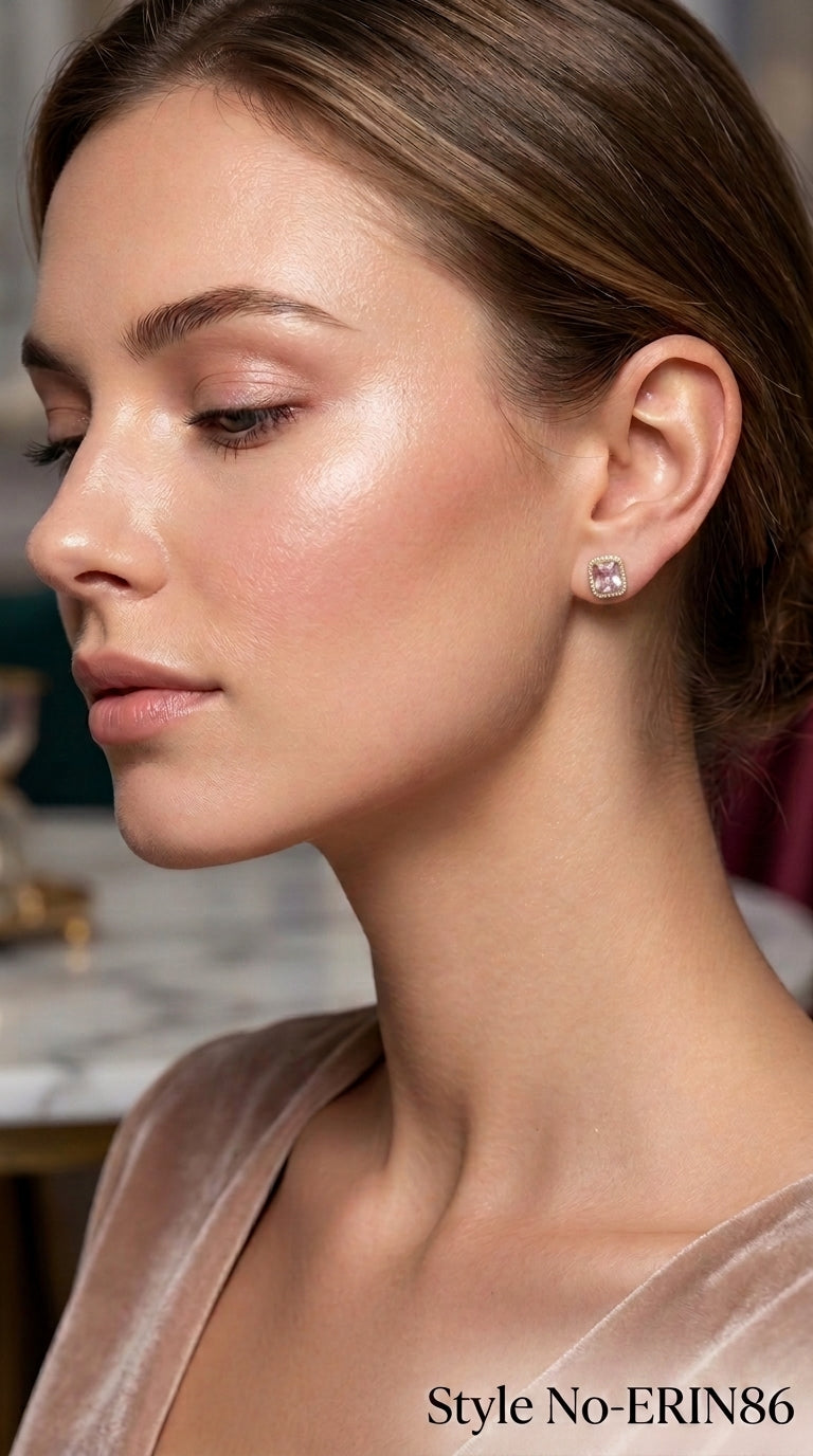 Gold Square Cushion Morganite Stud Earrings Sparkling Halo Jewelry