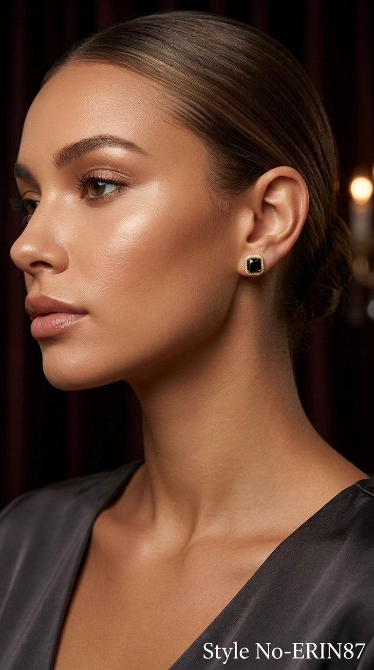 Gold Square Cushion Cut Onyx Black Stud Earrings Halo Jewelry