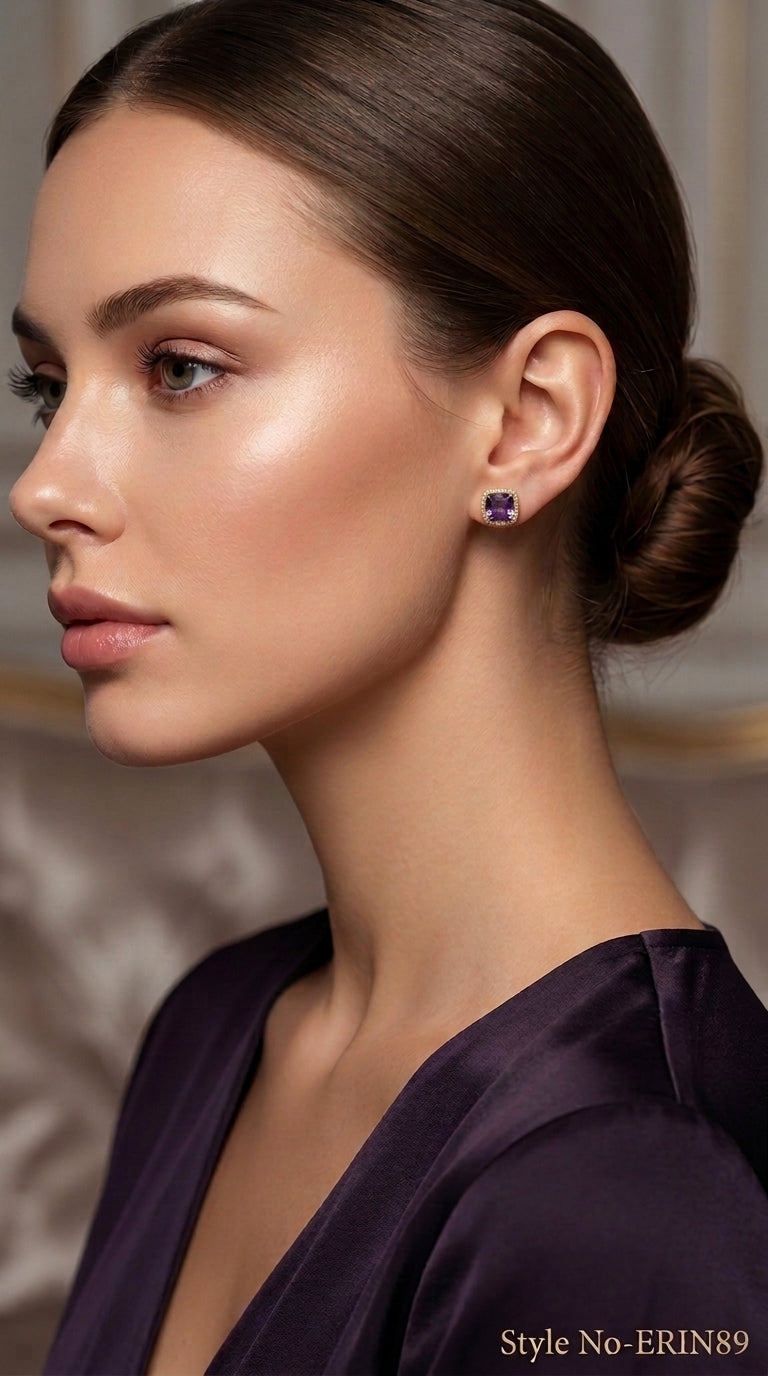 Gold Square Cushion Cut Purple Amethyst Stud Earrings Halo Jewelry