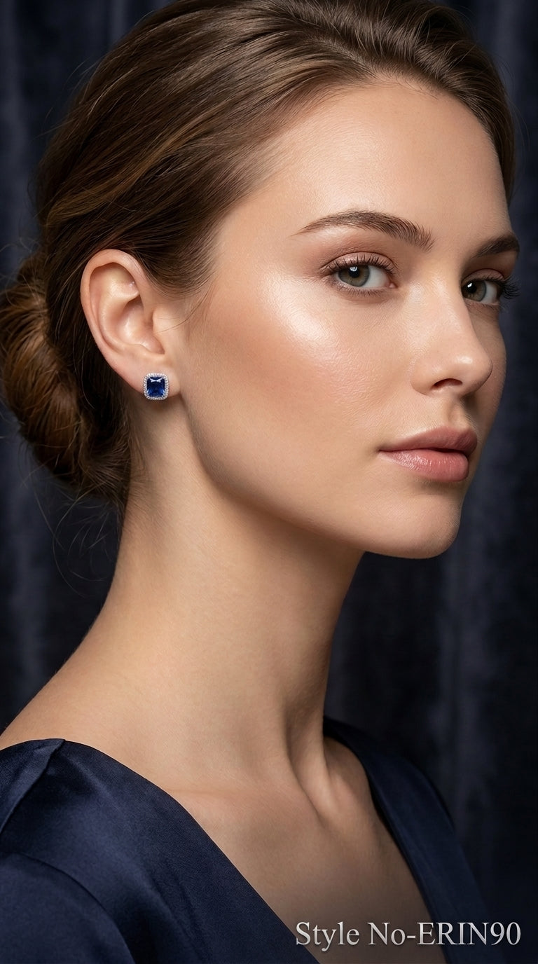Silver Square Cushion Cut Blue Sapphire Stud Earrings Halo Jewelry