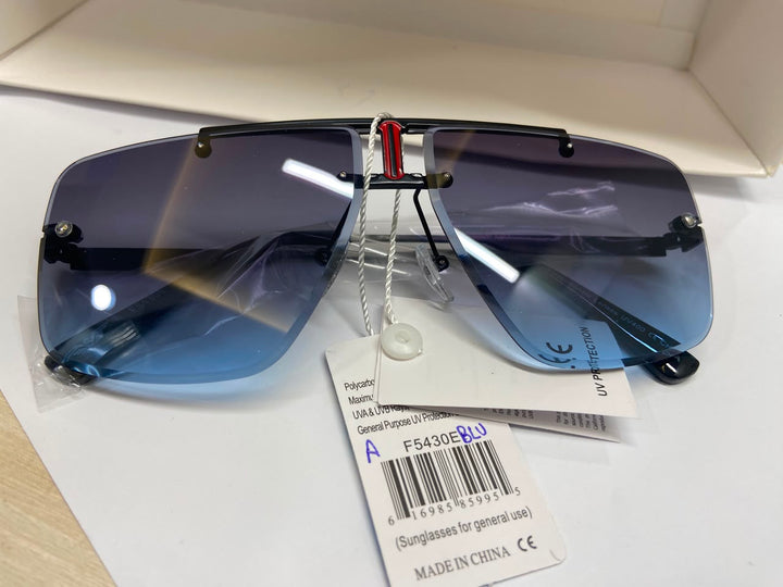 Matte Black and Blue Gradient Oversized Rimless Shield Sunglasses with Red Inset Accent