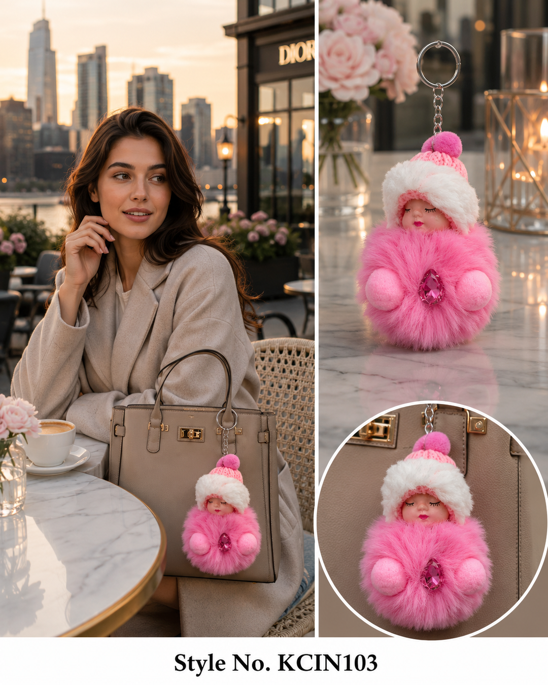 Pink hooded plush baby doll with fluffy coat Keychain | KCIN103