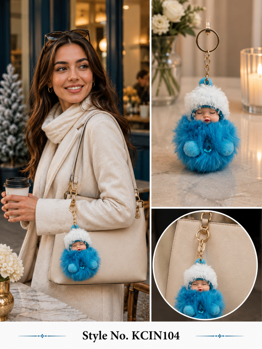 Blue hooded plush baby doll with fluffy coat Keychain | KCIN104