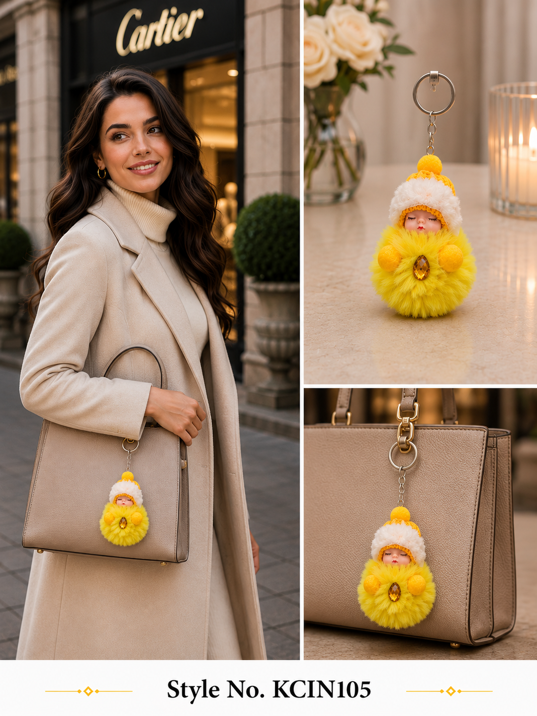 Yellow hooded plush baby doll with fluffy coat Keychain | KCIN105
