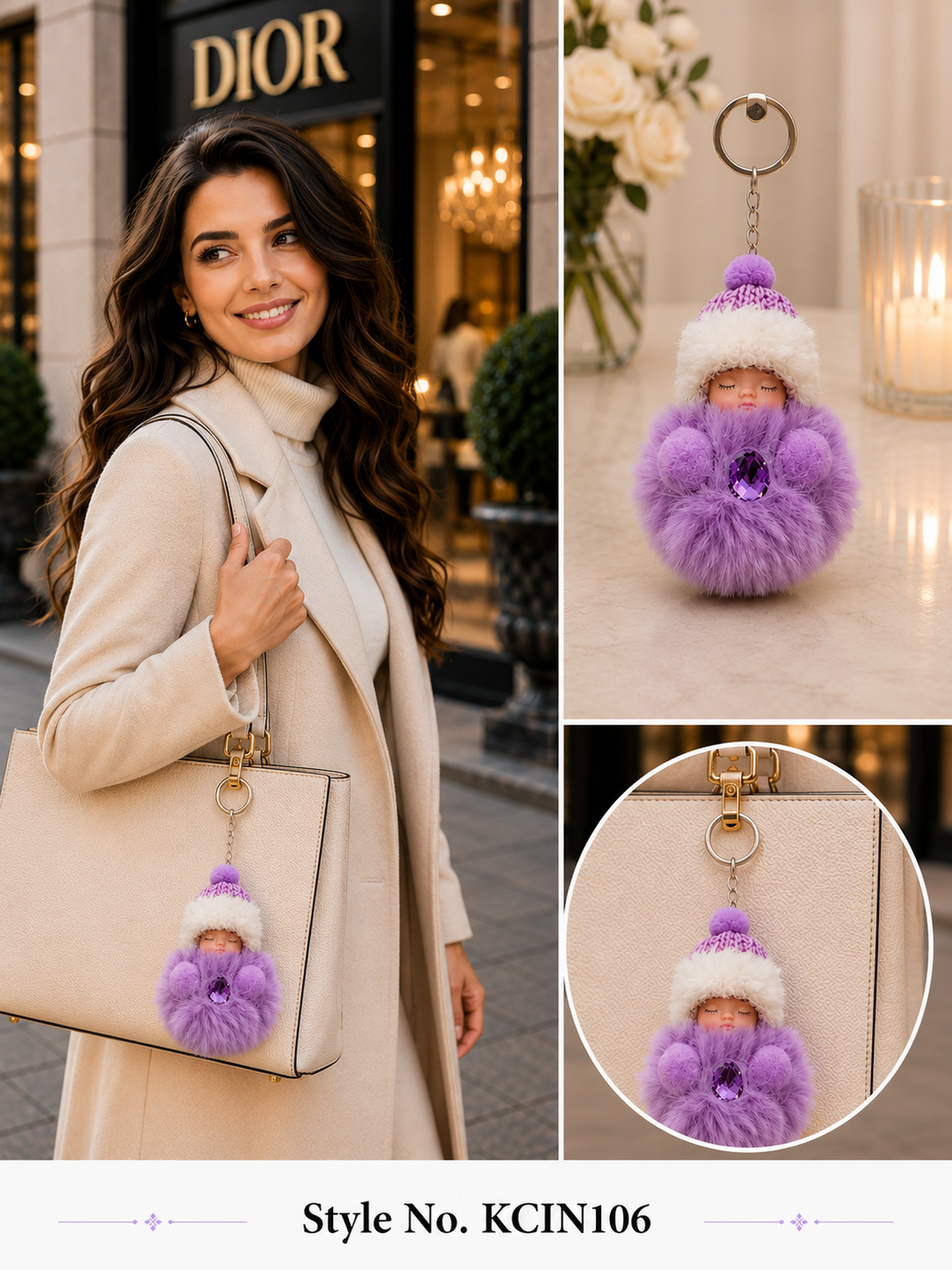 Lavender hooded plush baby doll with fluffy coat Keychain | KCIN106