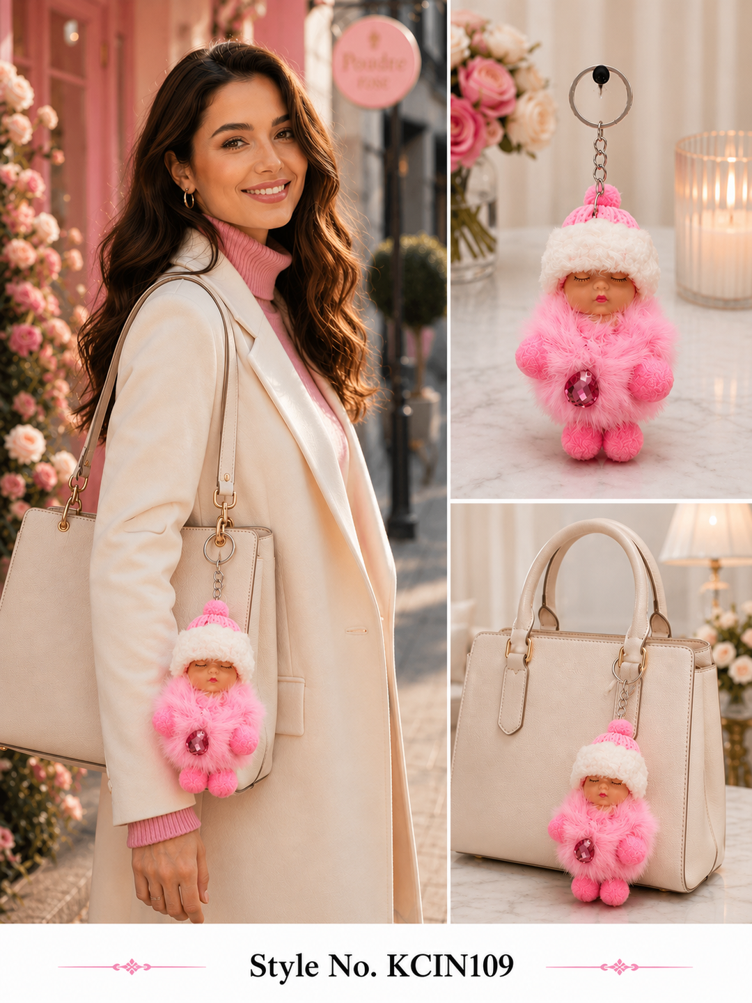 Pink hooded plush baby doll with fluffy coat and pom details Keychain | KCIN109