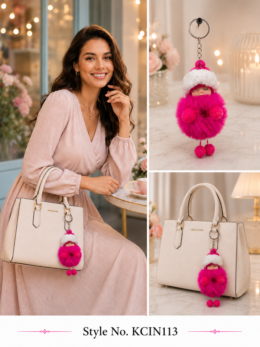 Hot pink hooded plush baby doll with dangling pom details Keychain | KCIN113