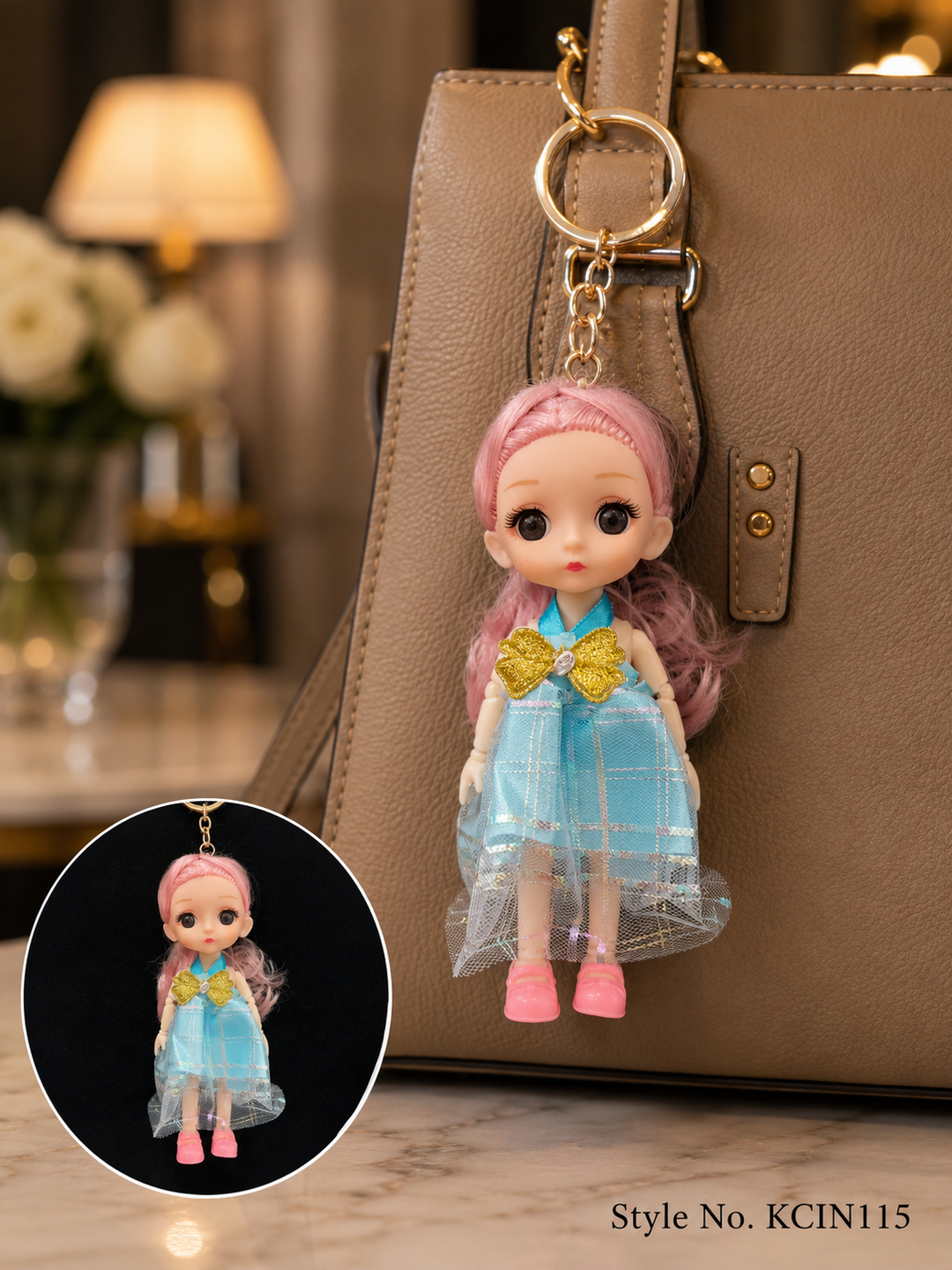 Light blue doll charm in a pastel dress Keychain | KCIN115