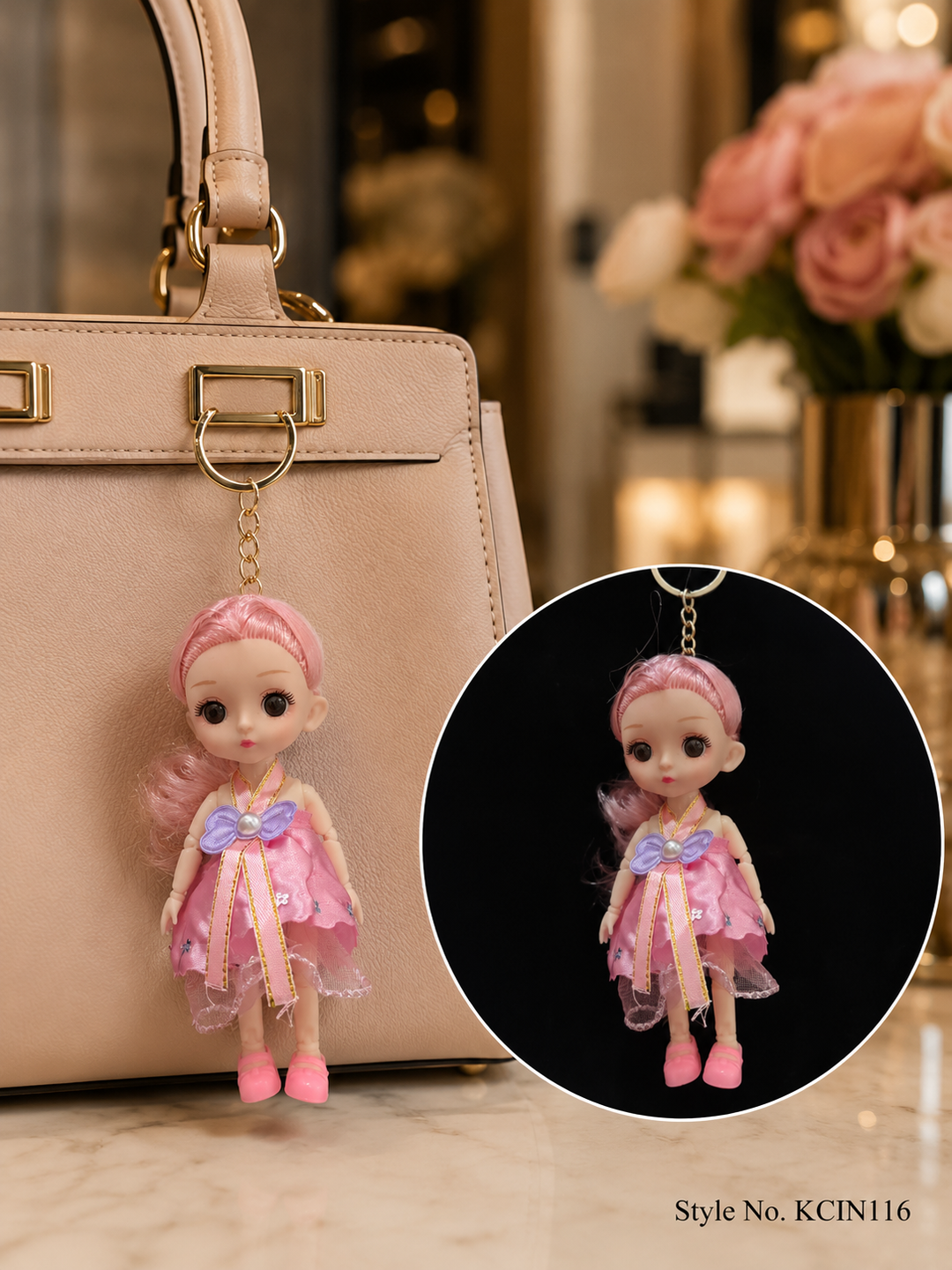 Pink doll charm in a pastel dress Keychain | KCIN116