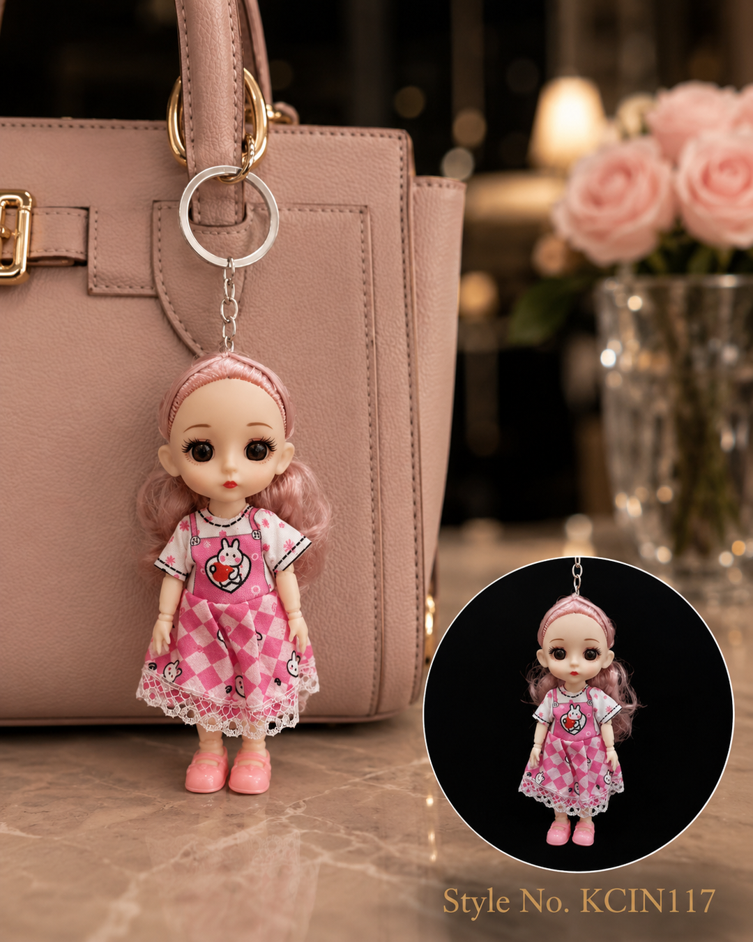 Pink floral dress doll charm Keychain | KCIN117
