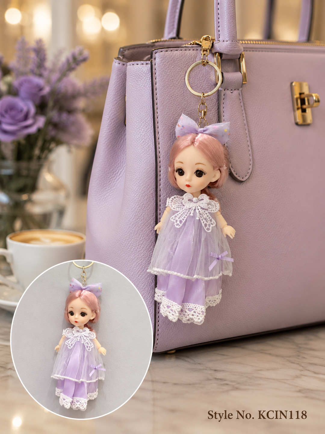 Lavender party dress doll charm with bow Keychain | KCIN118