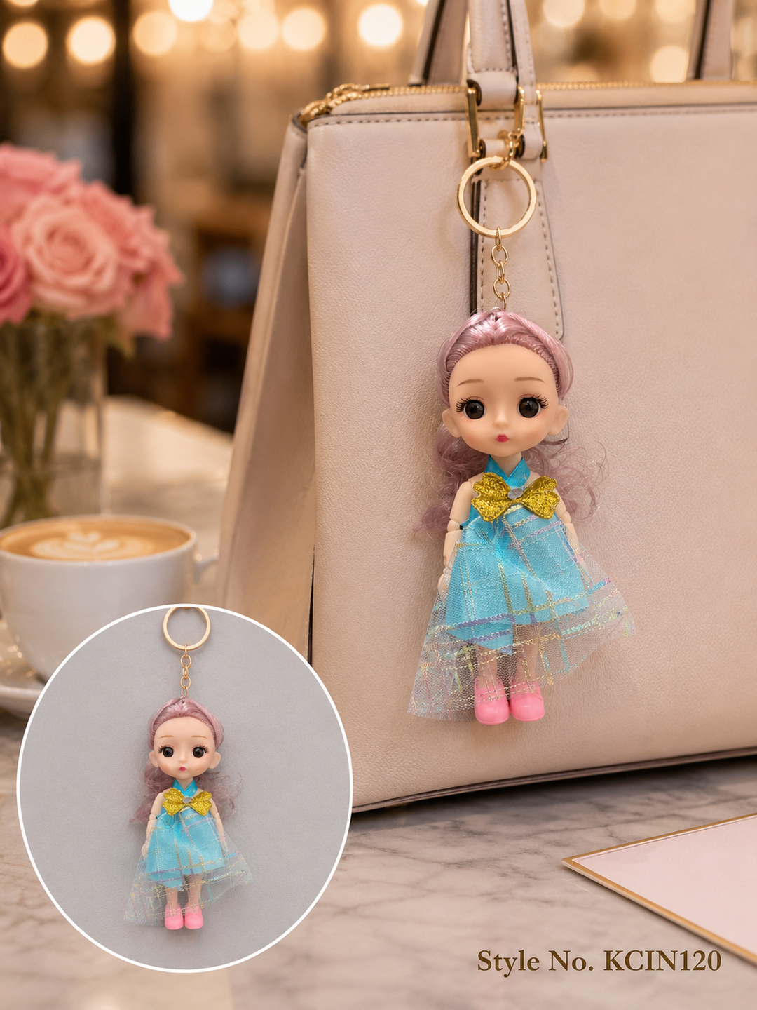 Light blue dress doll charm with yellow bow Keychain | KCIN120