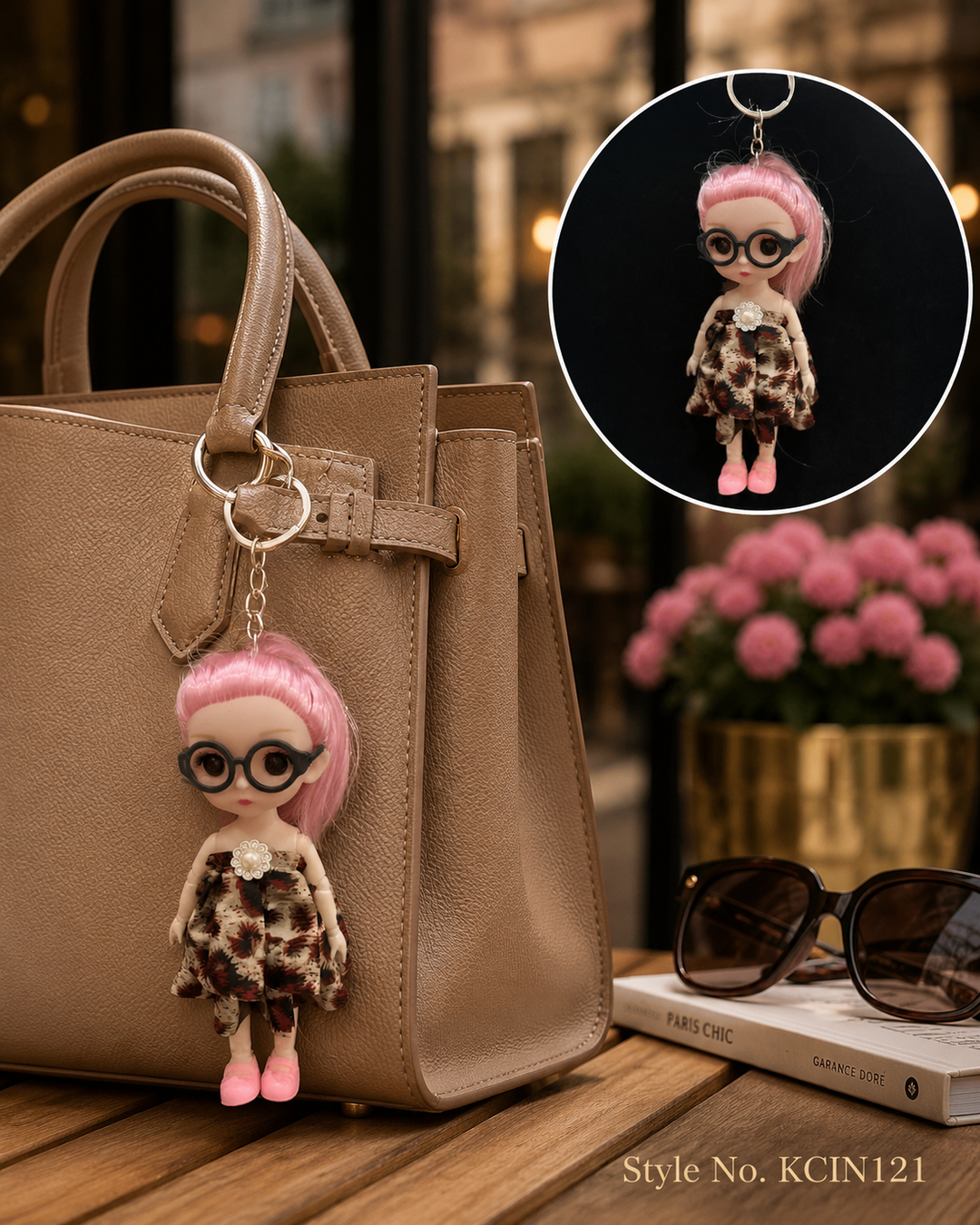 Leopard print dress doll charm with round glasses Keychain | KCIN121
