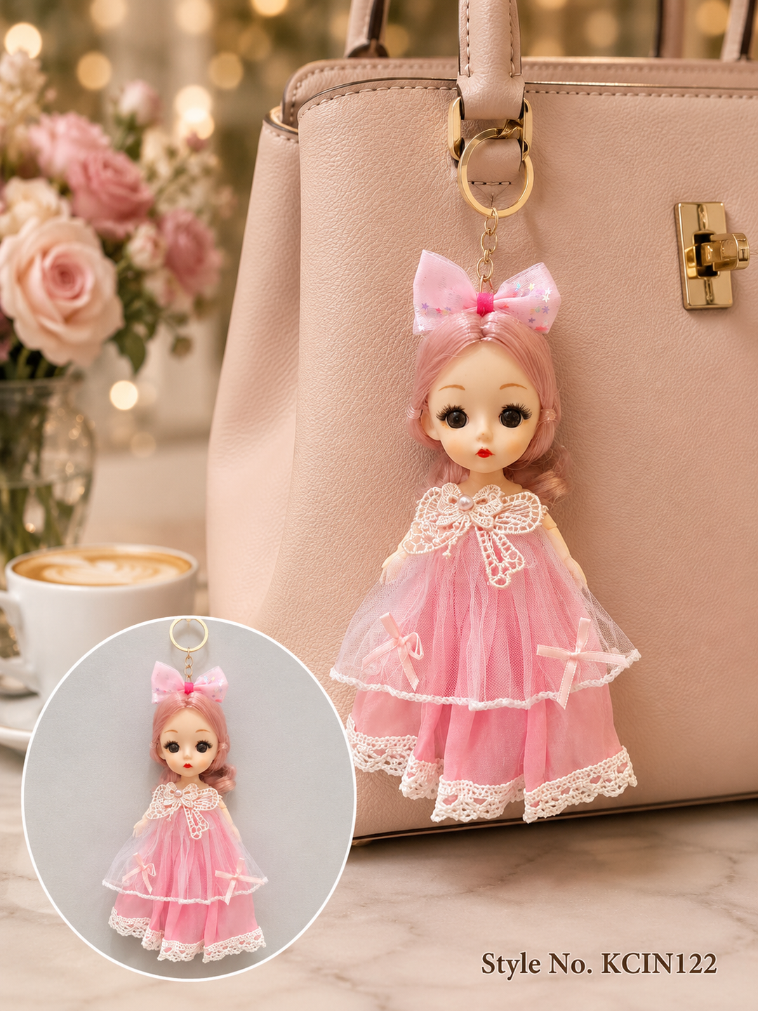 Pink layered party dress doll charm with bow Keychain | KCIN122