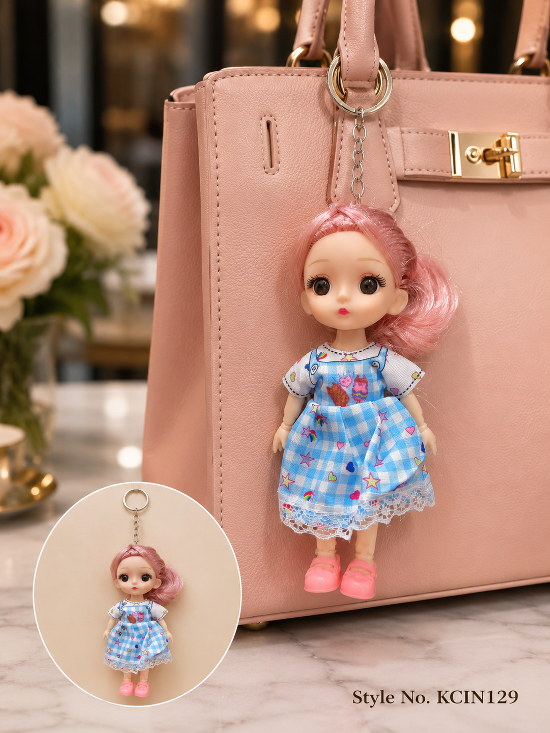 Blue checked dress doll charm Keychain | KCIN129