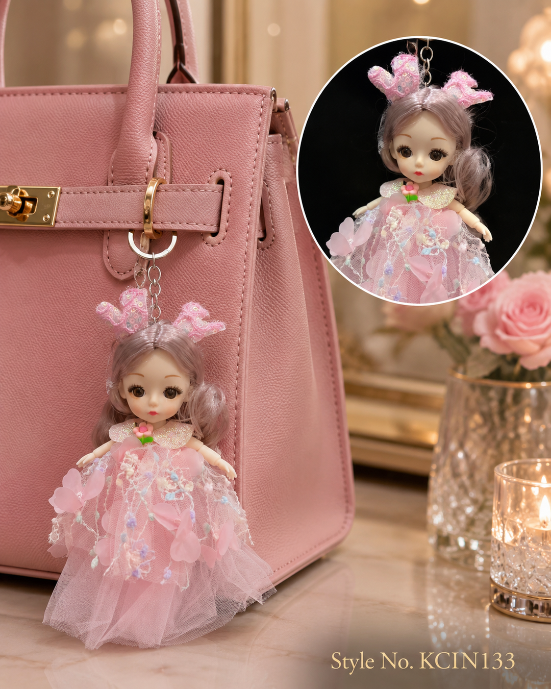 Pink bridal style doll charm with layered tulle dress Keychain | KCIN133