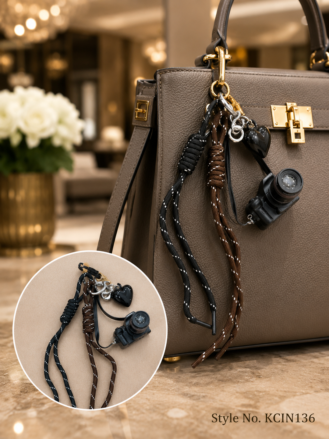 Black novelty figure charm with braided cords Keychain | KCIN136