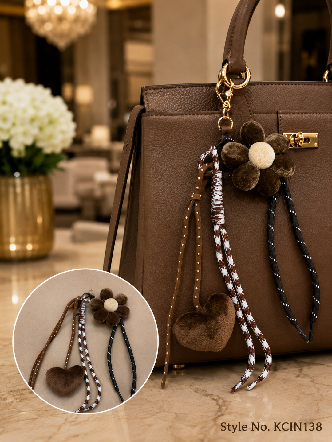 Brown flower pom charm with braided cords Keychain | KCIN138