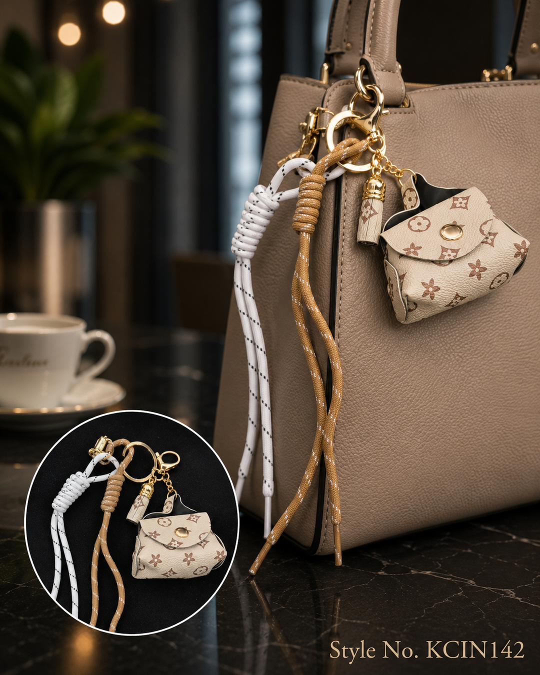 White purse charm with braided cords Keychain | KCIN142