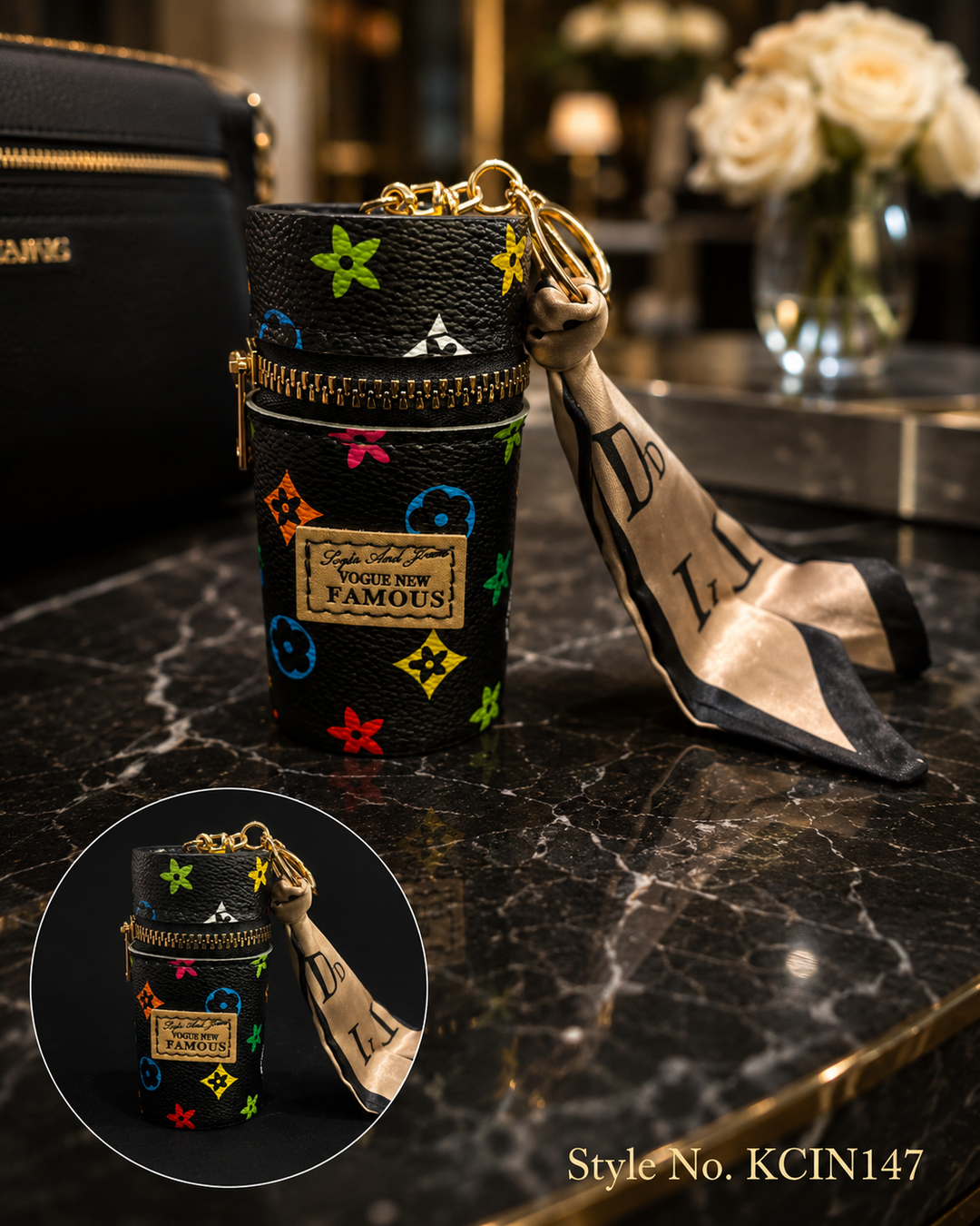 Black star pattern cylindrical mini pouch with scarf tail Keychain | KCIN147