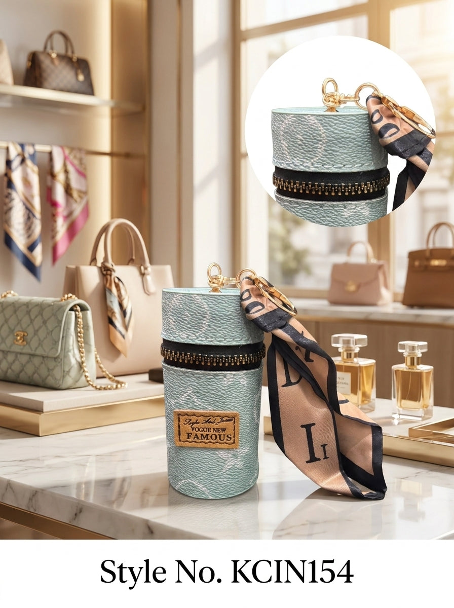 Pale blue cylindrical mini pouch with scarf tail Keychain | KCIN154