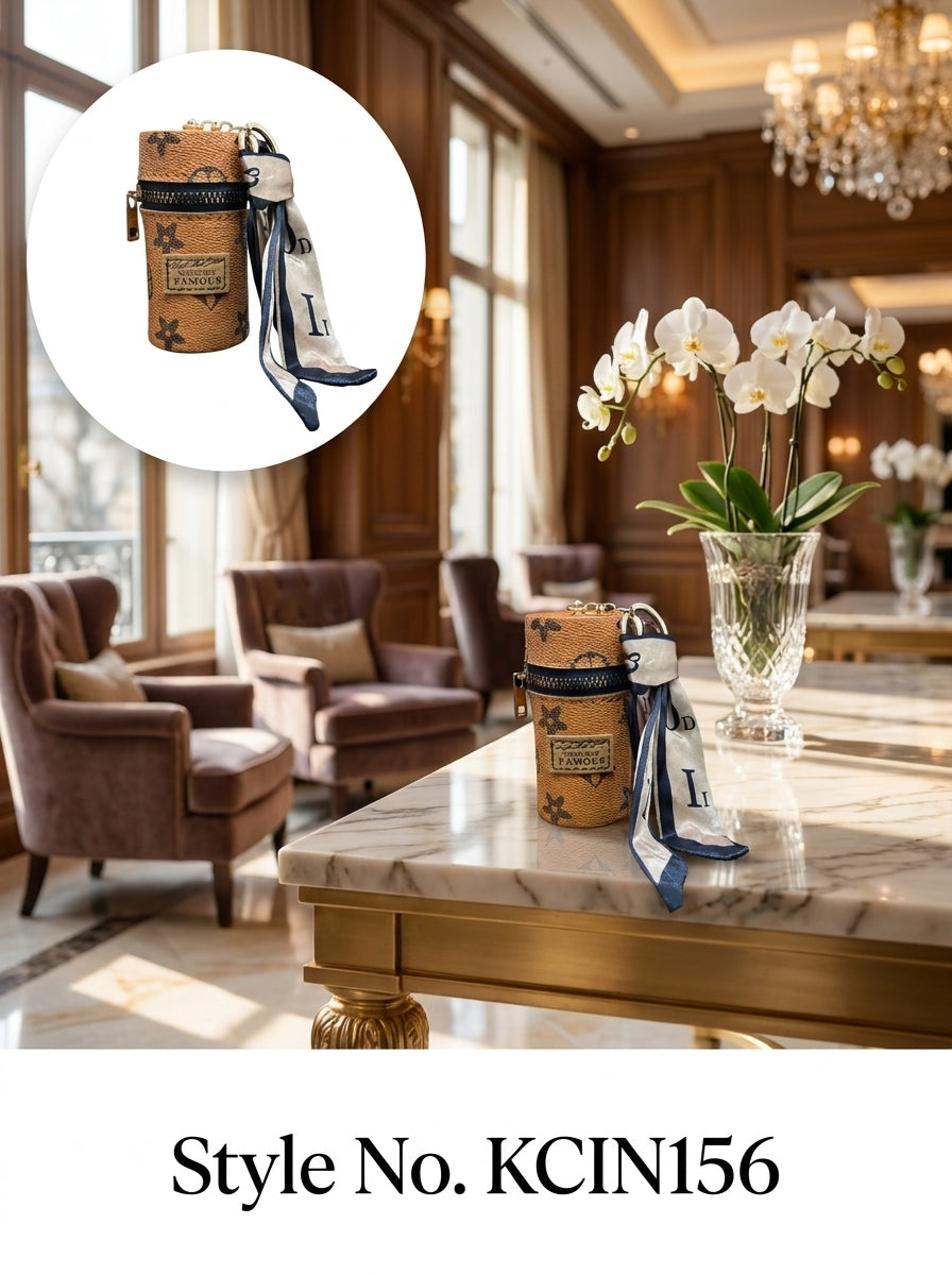 Tan cylindrical mini pouch with scarf tail Keychain | KCIN156