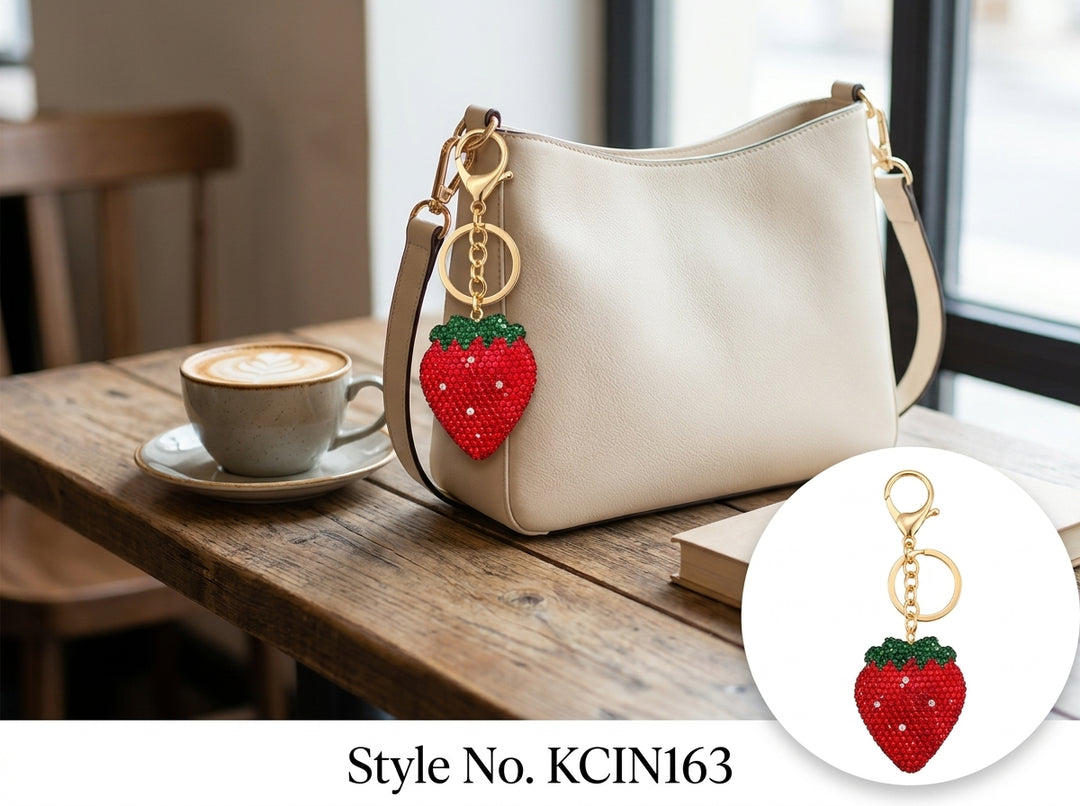 Red rhinestone strawberry charm with green top Keychain | KCIN163