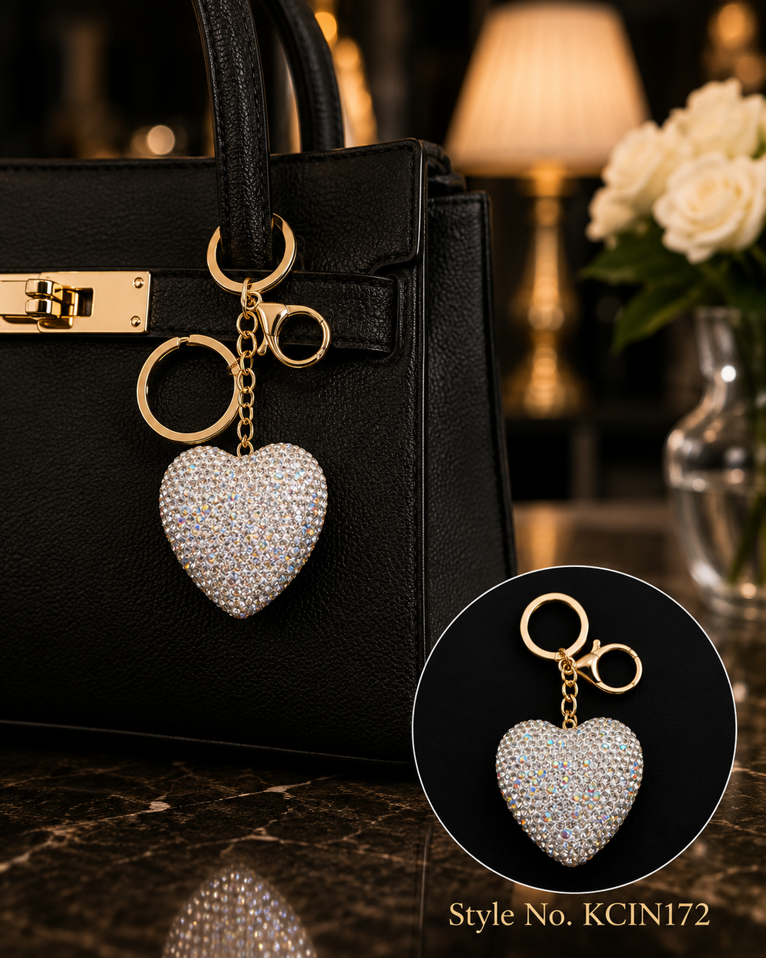 White rhinestone heart charm Keychain | KCIN172