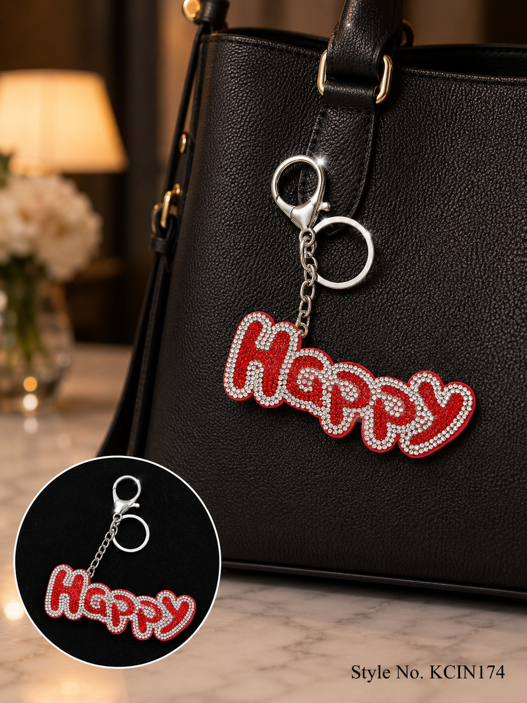 Pink and white beaded Happy word charm Keychain | KCIN174