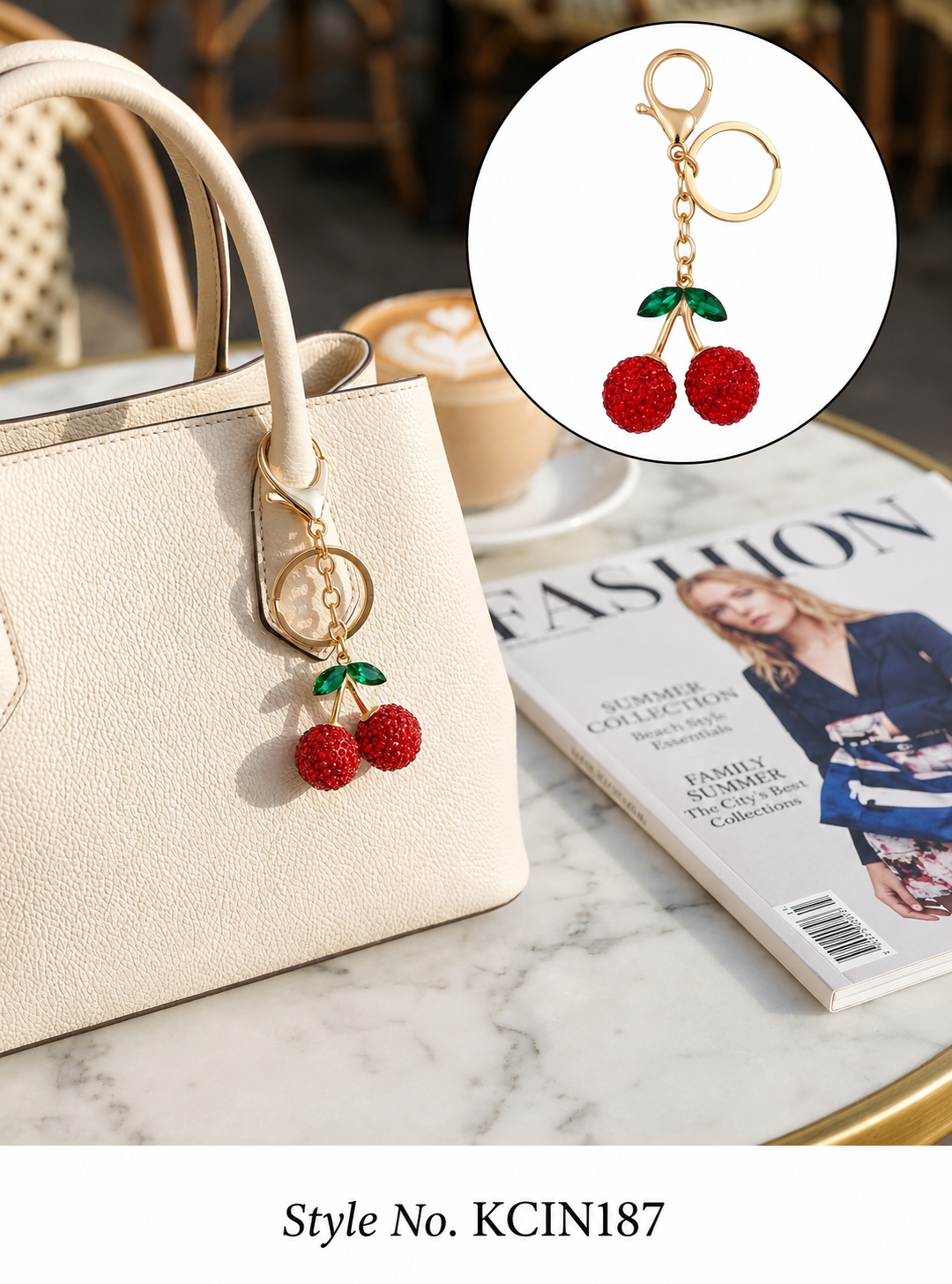 Red rhinestone cherry pair charm Keychain | KCIN187