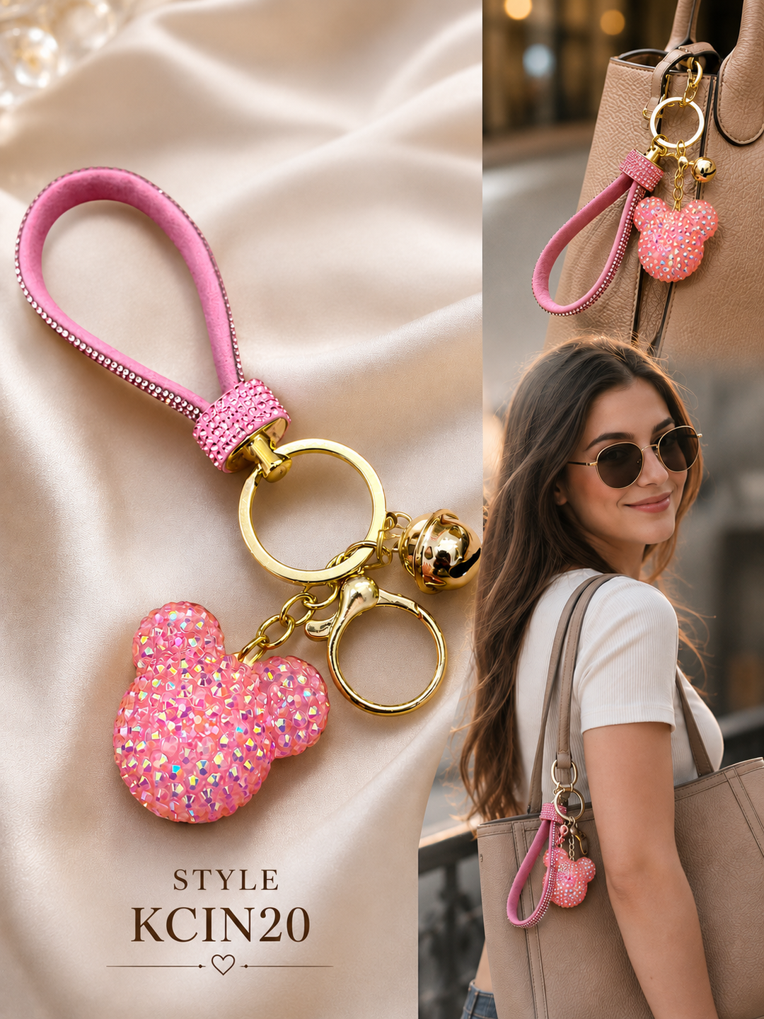 Pink beaded double cherry heart charm Keychain | KCIN20