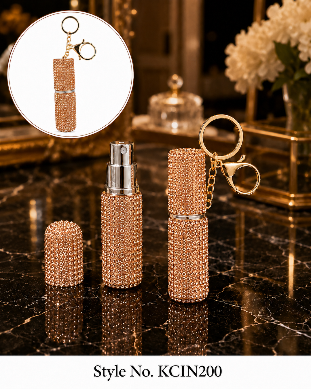 Rose gold glitter cylindrical perfume spray keychain Keychain | KCIN200