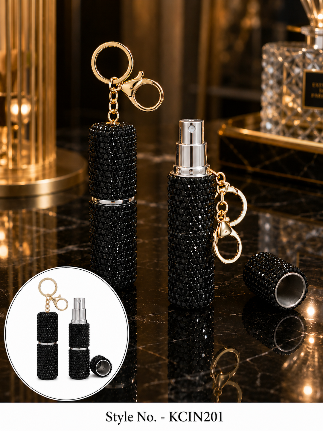 Black glitter cylindrical perfume spray keychain Keychain | KCIN201