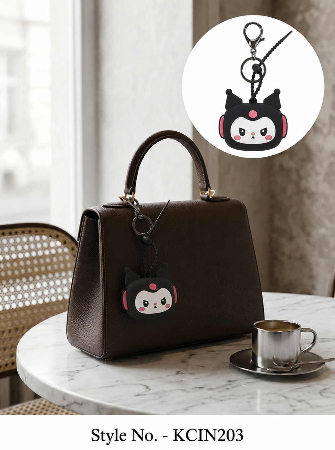 Black cat face pouch charm with cord Keychain | KCIN203