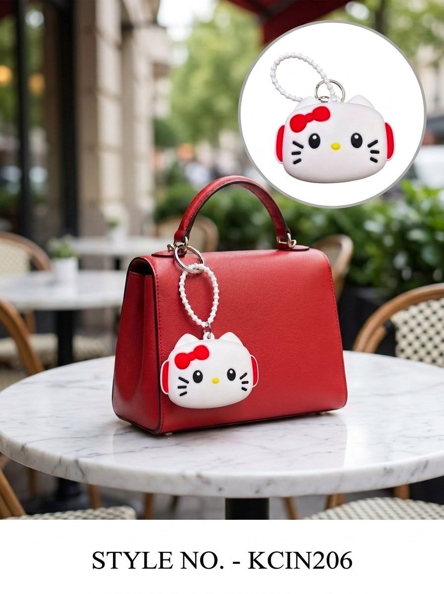 White cat face pouch charm with cord loop Keychain | KCIN206